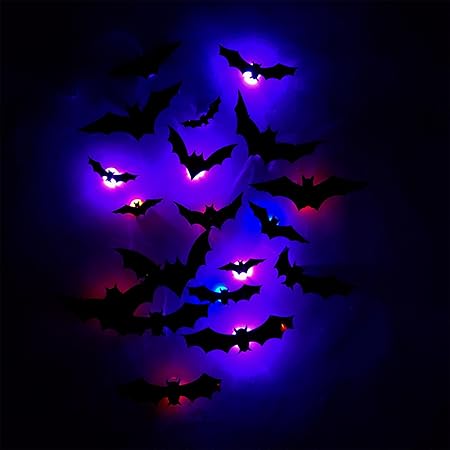 3D Bat Design LED Decoration – Halloween Light-Up Wall Bats (12 Pcs)