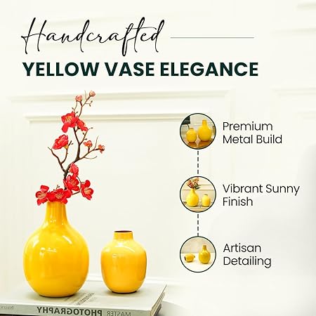 Yellow Metal Flower Vases by Indian Impressions – Handcrafted & Hand-Painted Decorative Vases for Living Room, Office & Gifting (Set of 2)