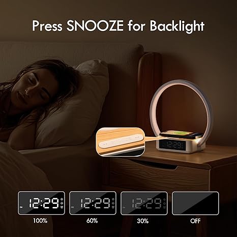 Bedside Table Lamp with Alarm Clock & Wireless Charging – WILIT Touch LED Lamp, Wake-Up Light, 3-Level Dimmable Nightstand Reading Lamp for Bedroom & Office