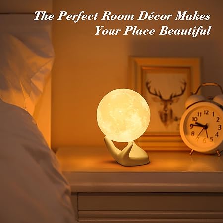 Mydethun Moon Lamp 3.5" – 3D Printed Night Light with Ceramic Hand Base, Dimmable LED, Rechargeable Bedside Lamp & Home Décor Gift