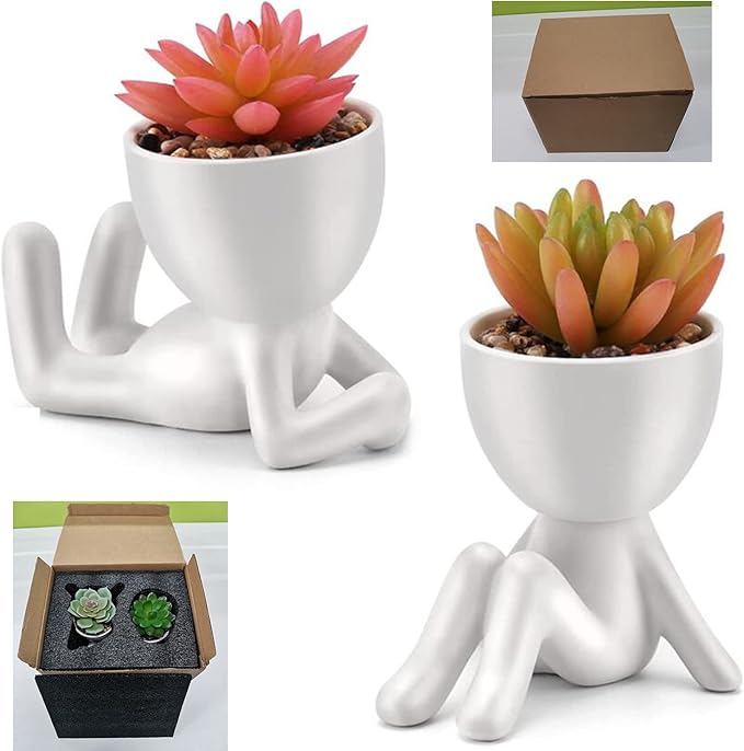 Paifeancodill 2 Pcs Artificial Succulent Plants – Mini Human-Shaped Black Ceramic Pots