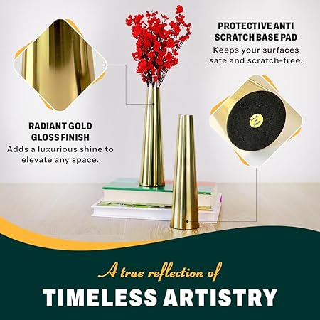 Gold Slim Cone Vase by Indian Impressions – Handcrafted Metal Vases with Hammered Gold Finish for Home Decor, Table Centerpieces & Gifting (Set of 2)