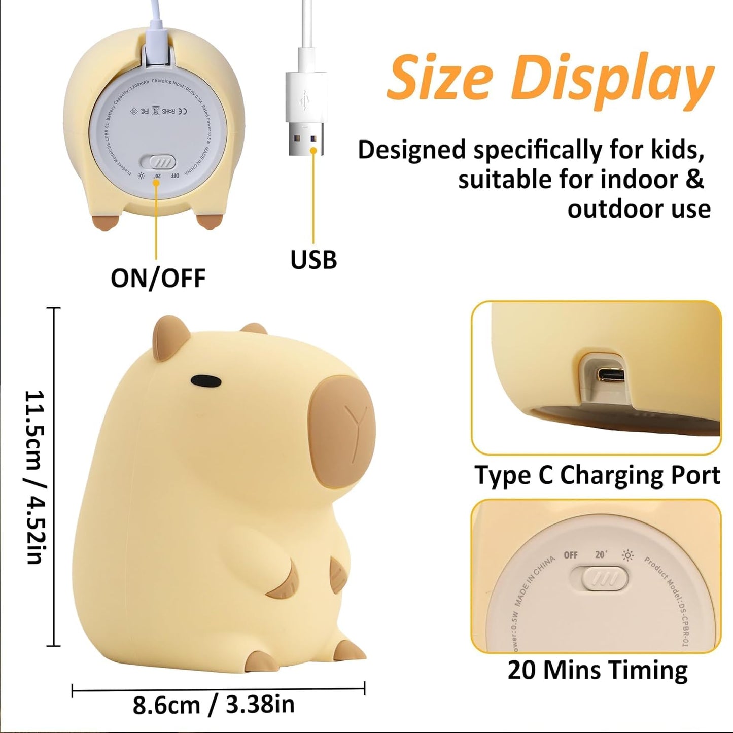 FULLOSUN Capybara Night Light – Cute Soft Silicone LED Touch Lamp with Timer & Rechargeable Battery