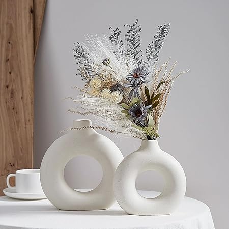White Ceramic Donut Vase Set by DRDGL – Modern Nordic Round Matte Vases for Pampas Grass, Living Room, Kitchen & Home Décor (Set of 2 – Small + Large)