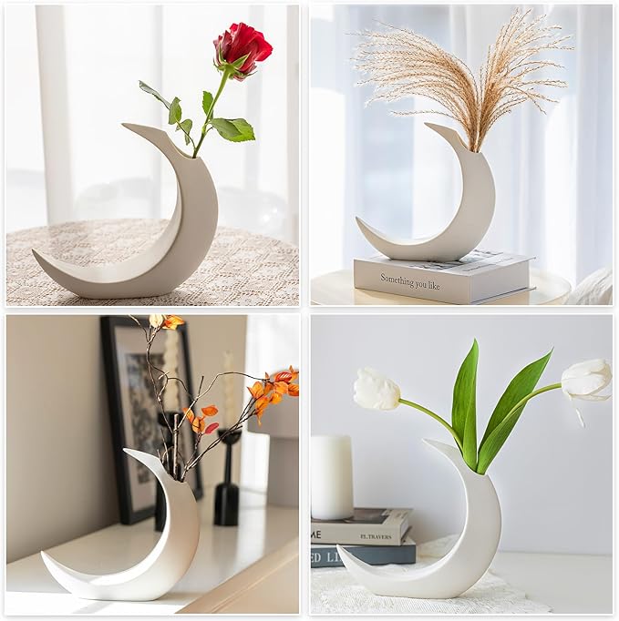 COTYNI White Ceramic Crescent Moon Vase – Modern Minimalist Boho Lunar Flower Vase for Home Décor, Living Room, Table Centerpiece, and Wedding Gift