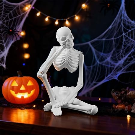 Thinker Skeleton Statue Decor – Abstract Resin Figurine, White Skull Sculpture for Home, Office, Bookshelf & Halloween Decoration by Loyzcy
