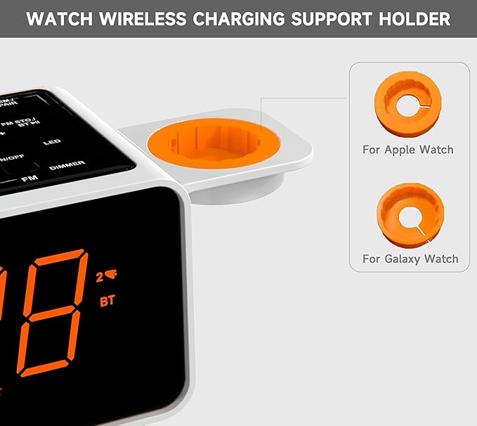 iTOMA CKS209 Dual Wireless Charging Alarm Clock Radio with Bluetooth Speaker, FM Radio, Dual Alarm, USB & Type-C Charging, Snooze, Night Light & Orange LED Display