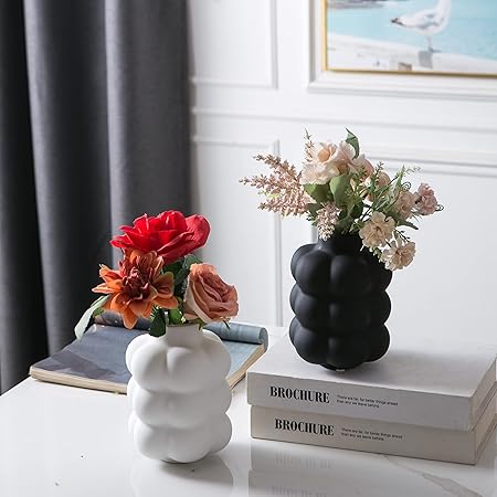 Mowtanco Black Ceramic Vase – Small Round Decorative Flower Vase for Centerpieces, Modern Boho Home Décor, Sculptural Three-Layer Design – 6.7” Tall