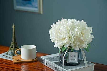 MOOMASS Artificial Hydrangea Flower Arrangement with Glass Vase – White Silk Bouquet for Living Room, Table, Office & Wedding Décor