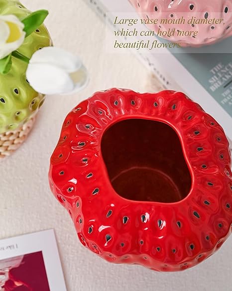 Red Strawberry Ceramic Vase – Cute 3D Fruit Home Décor Accent