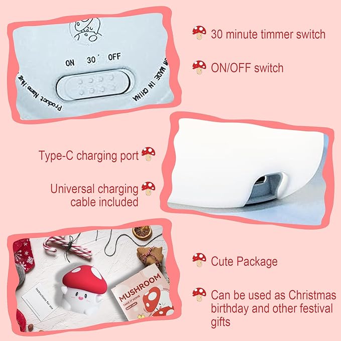 Rytinazzz Mushroom Night Light, Cute LED Squishy Night Lamp, 2 Levels Dimmable, Rechargeable, Timer, White Silicone