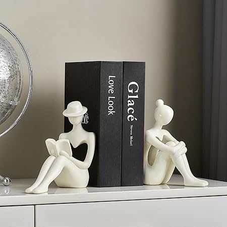 TIMEBUS Modern Thinker Reading Statue – Beige Abstract Resin Sculpture for Bookshelf, Coffee Table, or Office Decor | Minimalist Home Accent & Gift for Book Lovers