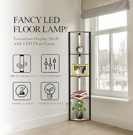 TUXOIUBA LED Corner Floor Lamp with 5-Tier Display Shelves – Modern Dimmable Storage Lamp (162cm, Black)