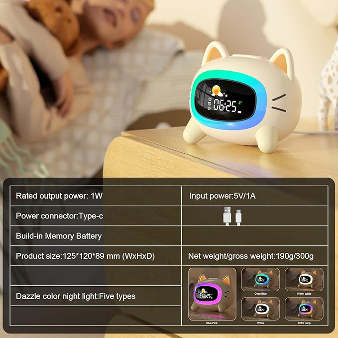 ANALOI Kids Alarm Clock – Cat Night Light Clock with Sleep Training, Sound Machine, Snooze & Mood Light for Bedroom (Cute Cat Design)