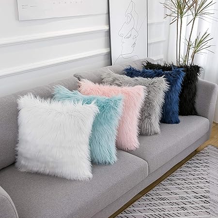 WLNUI Decorative Light Gray Fluffy Pillow Covers – Set of 2 Luxury Merino-Style Faux Fur Cushion Covers, Soft Velvet Back, 16x16 Inch Modern Throw Pillowcases for Sofa, Bed & Living Room