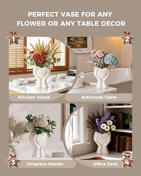 VUZDVJO Heart Hands Love Small White Ceramic Vase – Unique Modern Flower Vase for Tulips, Roses & Pampas Grass | Elegant Table, Shelf & Mantle Décor | Perfect Gift for Mom or Wife