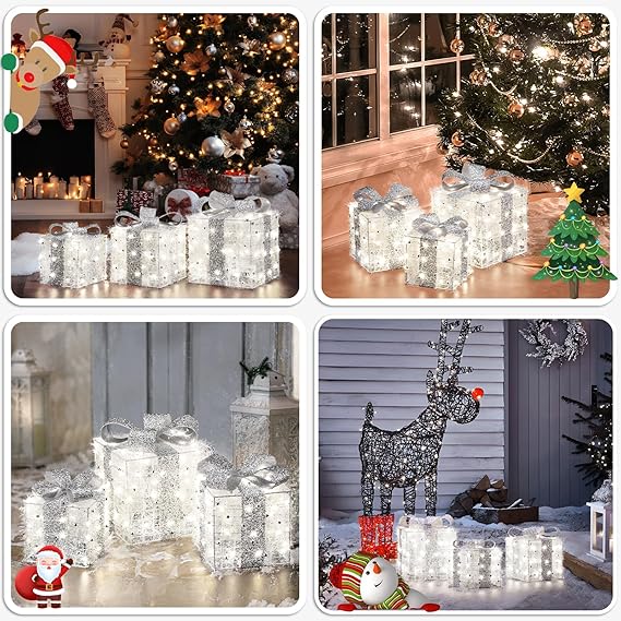 Christmas Lighted Gift Boxes Set of 3 – 140 LED Light-Up Presents with 8 Modes & Timer, Cool White Metal Frame Christmas Decorations for Indoor & Outdoor by Quntis