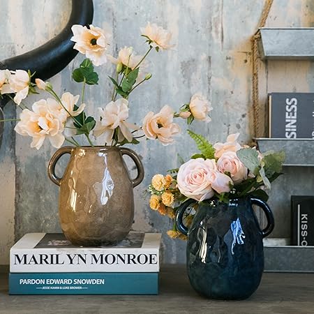 Tanvecle Blue Ceramic Vase with Handles – Rustic Farmhouse Pottery Flower Vase for Home, Dining Table & Centerpieces | 7-Inch Decorative Terracotta-Style Vase