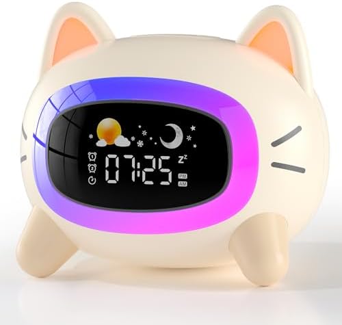 ANALOI Kids Alarm Clock – Cat Night Light Clock with Sleep Training, Sound Machine, Snooze &amp; Mood Light for Bedroom (Cute Cat Design)