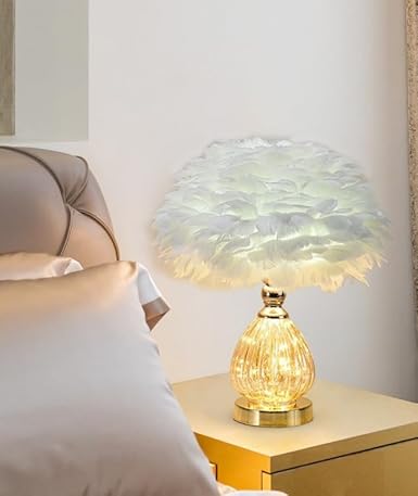 Feather Table Lamp with Golden Base – 3 Lighting Modes Romantic Bedside Lamp for Bedroom, Living Room &amp; Home Decor (White)