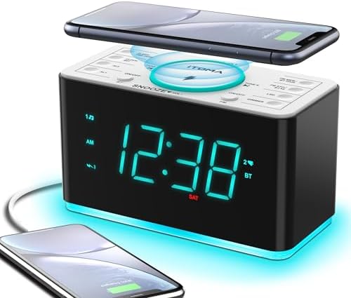 iTOMA CKS207 Alarm Clock Radio with 15W Wireless Charging, Bluetooth Speaker, Dual Alarm, Sleep Timer, Snooze, FM Radio, USB &amp; Type-C Ports, Cyan LED Display &amp; Night Light