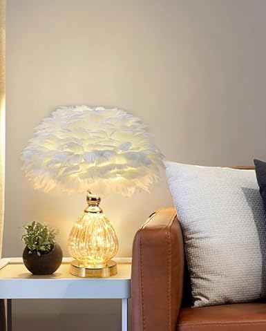 Feather Table Lamp with Golden Base – 3 Lighting Modes Romantic Bedside Lamp for Bedroom, Living Room &amp; Home Decor (White)