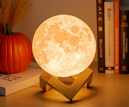 Mydethun Moon Lamp 4.7" – 3D Printed LED Night Light with Wooden Base, Dimmable Brightness, Rechargeable Bedside & Home Décor Gift