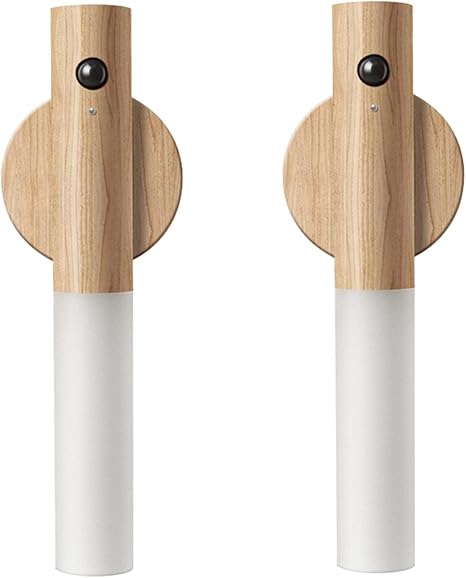 LANDGOO Motion Sensor Night Lights, Magnet Body Sensor Hallway, Rechargeable LED Light Portable Stairway, Wooden Wall Sconce Decor Battery Powered Cabinet Lights (Walnut Wood, 2PCS)