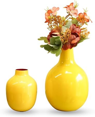 Yellow Metal Flower Vases by Indian Impressions – Handcrafted & Hand-Painted Decorative Vases for Living Room, Office &amp; Gifting (Set of 2)