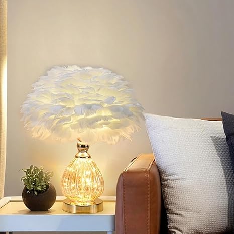 Feather Table Lamp with Golden Base – 3 Lighting Modes Romantic Bedside Lamp for Bedroom, Living Room &amp; Home Decor (White)