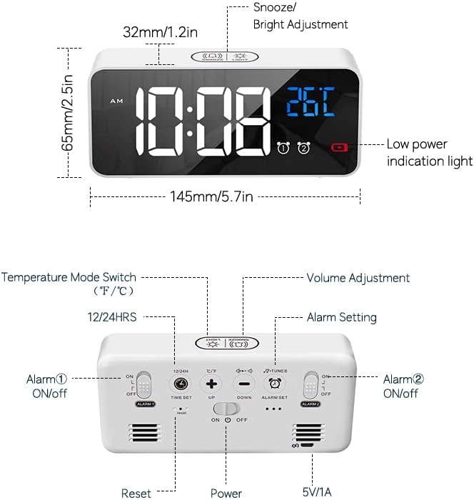 Véfaîî Digital Alarm Clock with Large 5.7" LED Temperature Display, Dual Alarm, Snooze, 4-Level Brightness Dimmer, USB Charging, Battery Backup &amp; Modern Mirror Design – Black