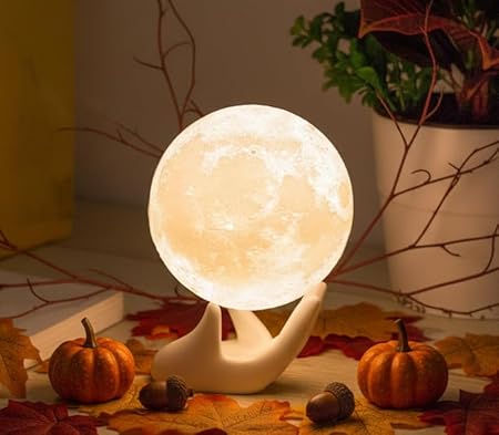 Mydethun Moon Lamp 3.5" – 3D Printed Night Light with Ceramic Hand Base, Dimmable LED, Rechargeable Bedside Lamp & Home Décor Gift