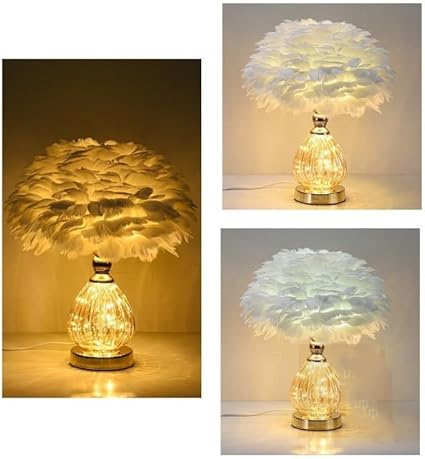 Feather Table Lamp with Golden Base – 3 Lighting Modes Romantic Bedside Lamp for Bedroom, Living Room &amp; Home Decor (White)