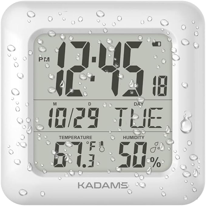 KADAMS Bathroom Digital Clock – Waterproof Shower Wall Clock with Temperature, Humidity & Calendar (Silver)