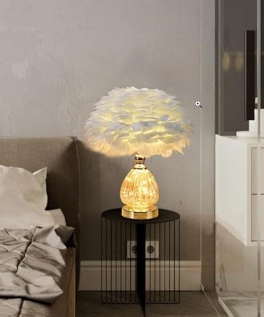 Feather Table Lamp with Golden Base – 3 Lighting Modes Romantic Bedside Lamp for Bedroom, Living Room &amp; Home Decor (White)