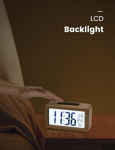 Clock Wooden Digital Alarm Clock – Retro Beech Bedside Clock with Large LCD Display, Temperature, Snooze, Auto Brightness Sensor – Battery Operated