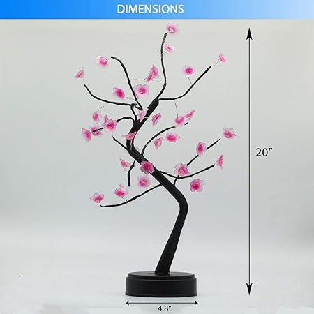 OTAVILEM Bonsai Cherry Blossom Tree Light – 36 LED Decorative Night Light for Bedroom, Living Room & Home Décor (20", Pink)