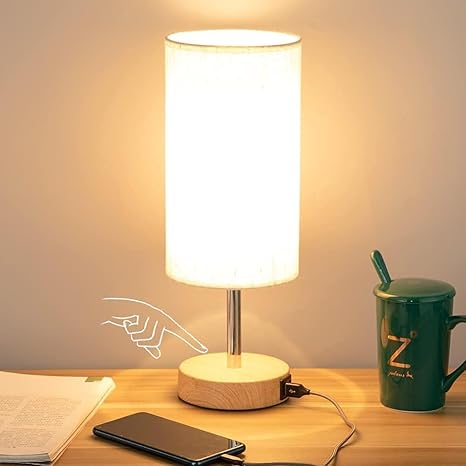 Yarra-Decor Bedside Lamp with USB Port | Touch Control 3-Way Dimmable Wooden Table Lamp with Fabric Shade – LED Bulb Included