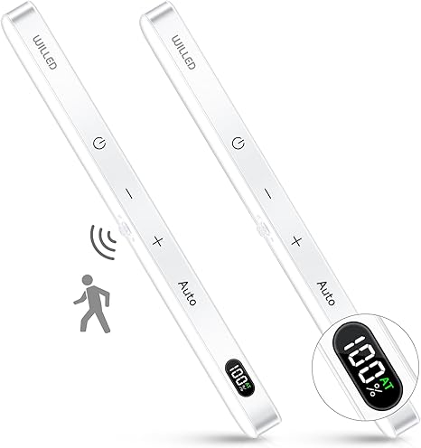 WILLED Rechargeable Under Cabinet Lights (2 Pack) – 60 LED Motion Sensor Light Bar with Battery Display, Dimmable Touch Control, Wireless Stick-On Closet &amp; Kitchen Lighting