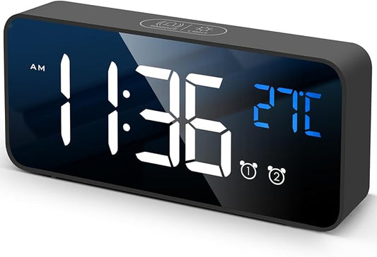 Véfaîî Digital Alarm Clock with Large 5.7" LED Temperature Display, Dual Alarm, Snooze, 4-Level Brightness Dimmer, USB Charging, Battery Backup &amp; Modern Mirror Design – Black