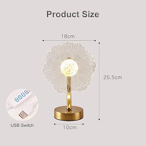 Sunflower Table Lamp – 3-Color Stepless Dimmable LED Light, USB Powered Acrylic &amp; Metal Bedside Lamp for Bedroom, Living Room &amp; Gifts (Gold Finish)