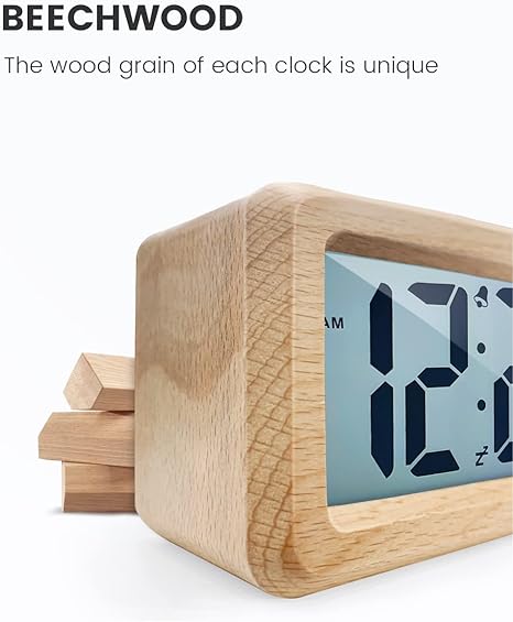 Clock Wooden Digital Alarm Clock – Retro Beech Bedside Clock with Large LCD Display, Temperature, Snooze, Auto Brightness Sensor – Battery Operated