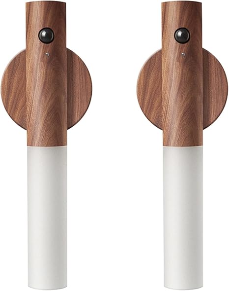 LANDGOO Motion Sensor Night Lights, Magnet Body Sensor Hallway, Rechargeable LED Light Portable Stairway, Wooden Wall Sconce Decor Battery Powered Cabinet Lights (Walnut Wood, 2PCS)