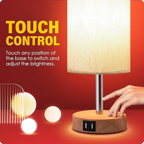 Yarra-Decor Bedside Lamp with USB Port | Touch Control 3-Way Dimmable Wooden Table Lamp with Fabric Shade – LED Bulb Included