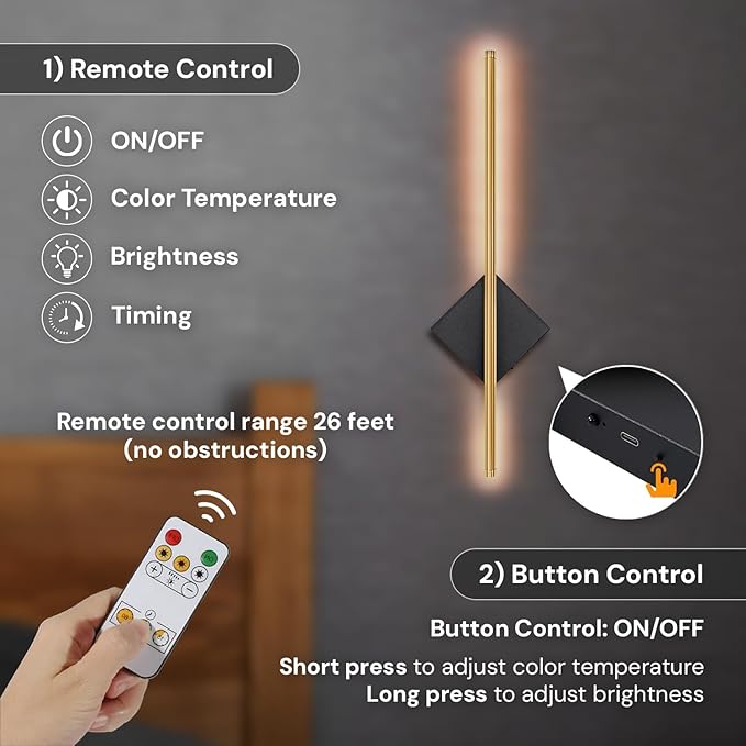 GALAKSIOZ Battery Operated Wall Sconce Lights Set of Two with Remote Control & Timing, Wireless&Cordless & Rechargeable & Dimmable Modern Home Decor Sconces Light for Bedroom&Living Room & Hallway