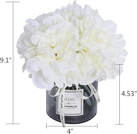 MOOMASS Artificial Hydrangea Flower Arrangement with Glass Vase – White Silk Bouquet for Living Room, Table, Office & Wedding Décor