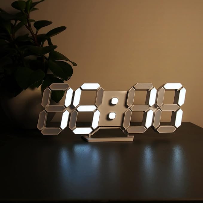 Deeyaple 3D LED Digital Alarm Clock – 9.7" Modern Wall &amp; Table Clock with Remote Control, Snooze, Date, Temperature, Night Light &amp; Dimmable Brightness (White)