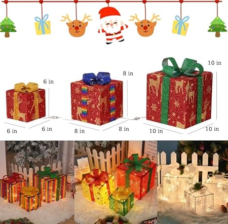 Christmas Lighted Gift Boxes Set of 3 – White Mesh Star Design, 60 LED Light-Up Present Boxes with 8 Flashing Modes, Indoor Outdoor Xmas Decorations by FYKEY