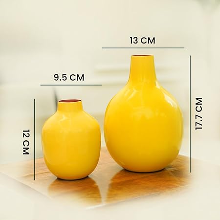 Yellow Metal Flower Vases by Indian Impressions – Handcrafted & Hand-Painted Decorative Vases for Living Room, Office &amp; Gifting (Set of 2)