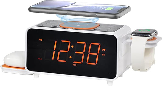 iTOMA CKS209 Dual Wireless Charging Alarm Clock Radio with Bluetooth Speaker, FM Radio, Dual Alarm, USB &amp; Type-C Charging, Snooze, Night Light &amp; Orange LED Display